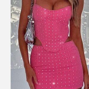 White Fox Boutique Pink Embellished bustier top and matching mini skirt set
